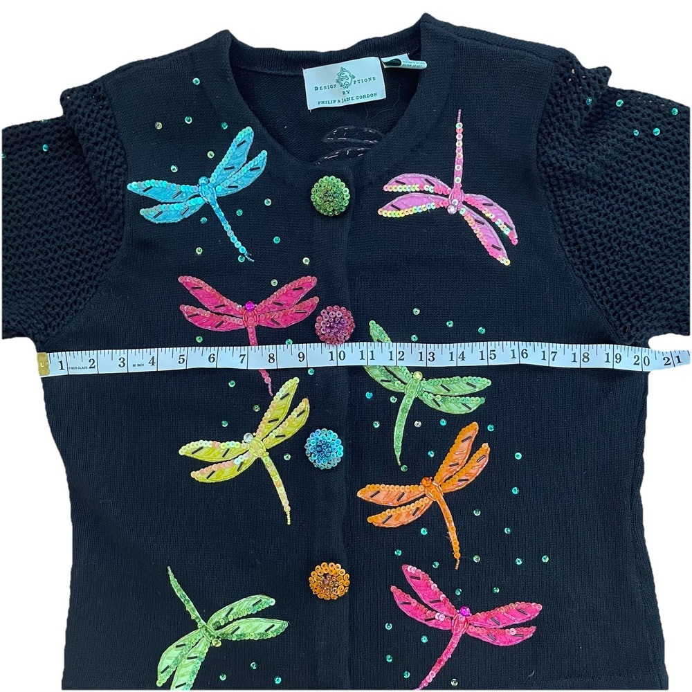 DESIGN OPTIONS Philip‎ & Jane Gordon Black Cardigan Sweater Sequin Dragonfly VTG - Picture 7 of 12